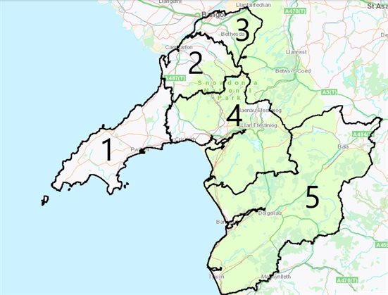 Map showing the 5 different areas 
