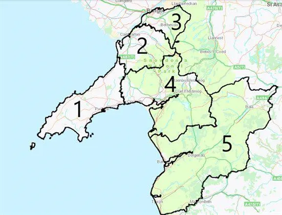 Map showing the 5 different areas
