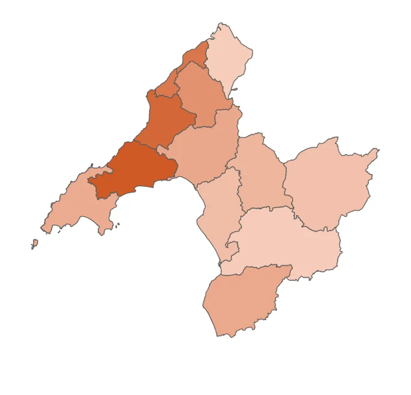 Map o Wynedd, lliw tywyllach oren yn dangos cyfanswm grantiau uwch. Dadansoddiad yn y tabl isod.