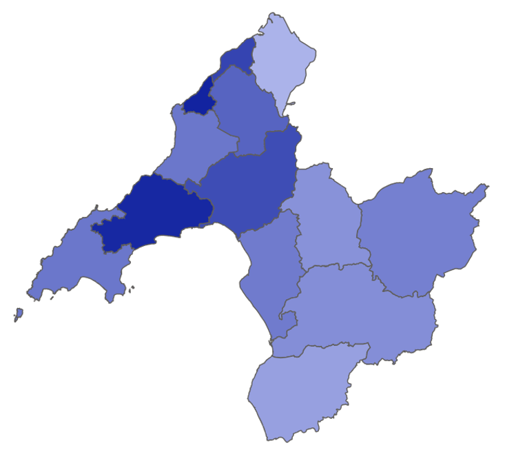 Map glas - ardaloedd efo glas tywyllach yn dangos nifer uwch o grantiau