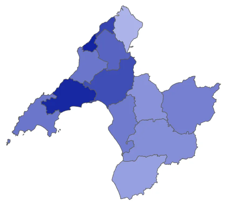 Map glas - ardaloedd efo glas tywyllach yn dangos nifer uwch o grantiau